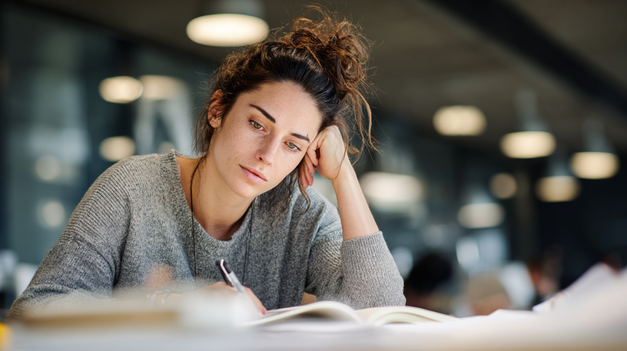 девушка устало делает записи в тетради за столом