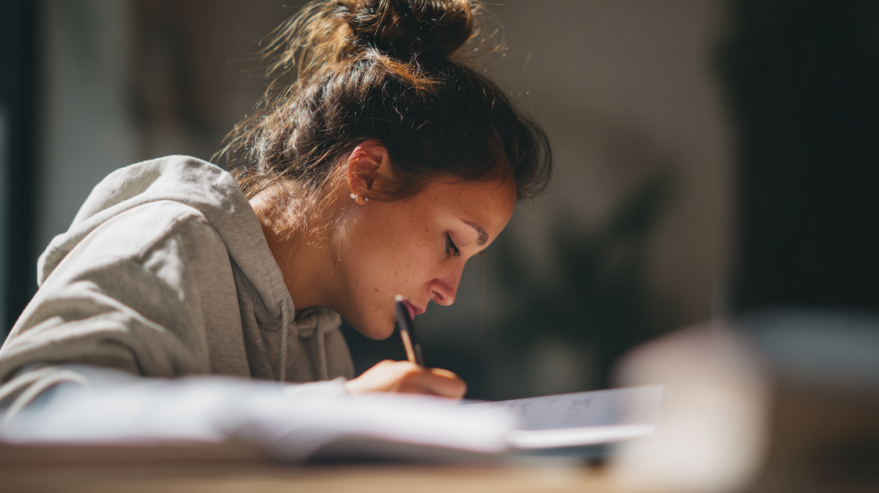 девушка сосредоточенно пишет в тетради за столом