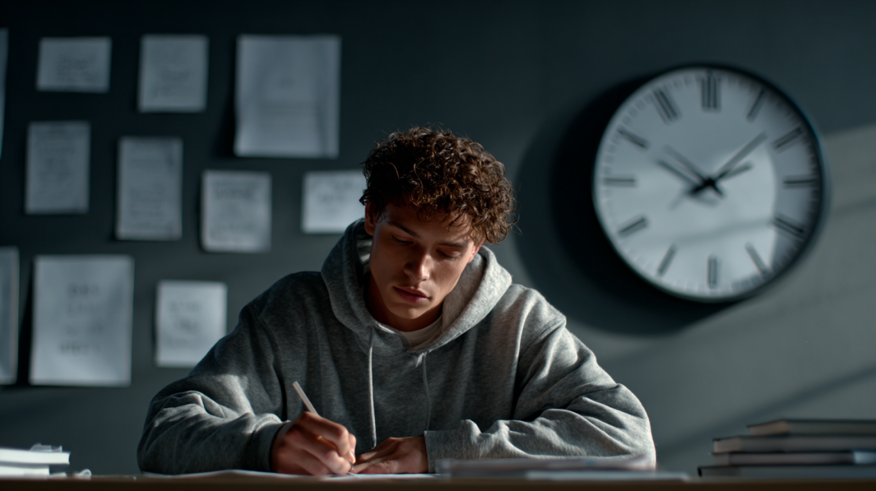 студент пишет за столом в комнате с часами на стене