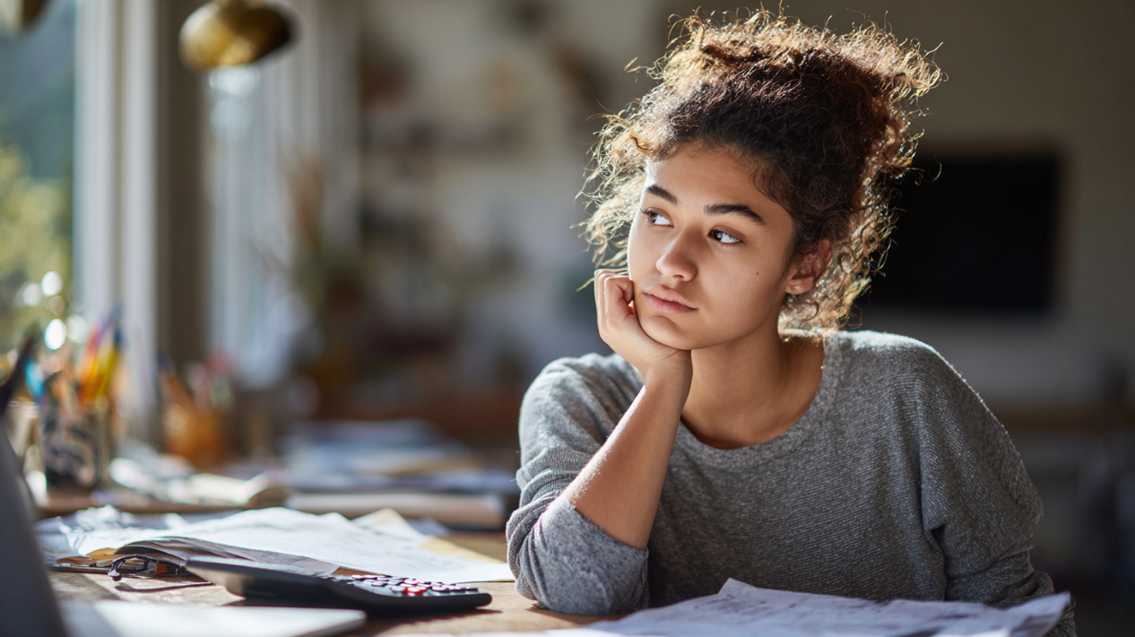 девушка задумчиво сидит за столом с бумагами и калькулятором